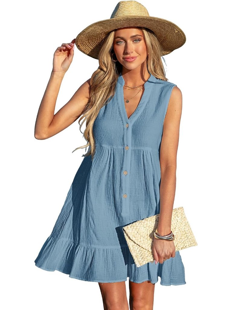 Womens Lake Blue Cotton Swimsuit Coverup Beach Cover Up Button Down Ruffle Hem